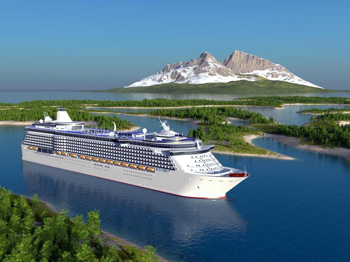 Large cruise ship floating in a channel with ocean and mountain in background